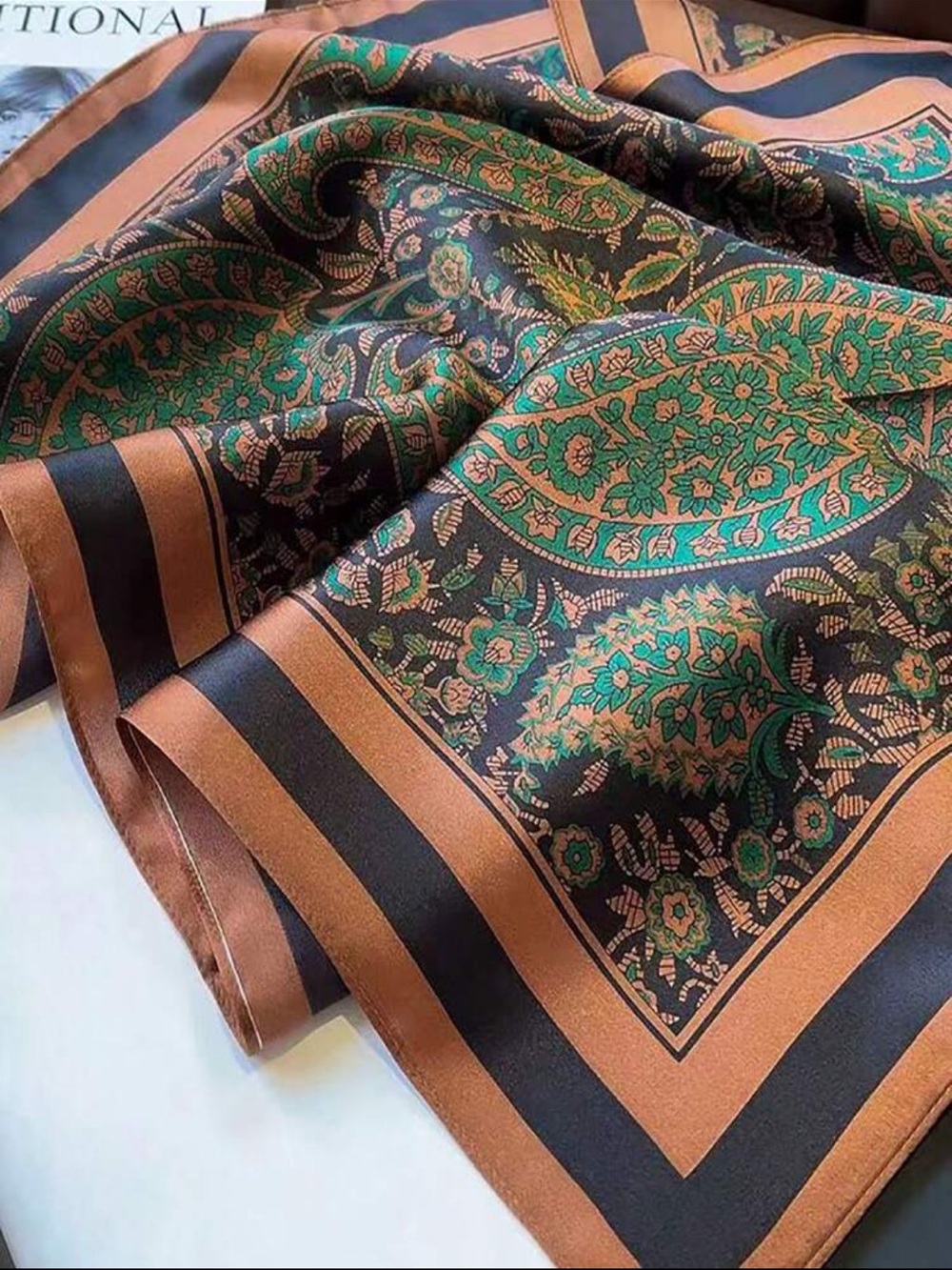 Blue-Green & Brown Classic Paisley Square Scarf | 27.5” - Picture 5 of 11